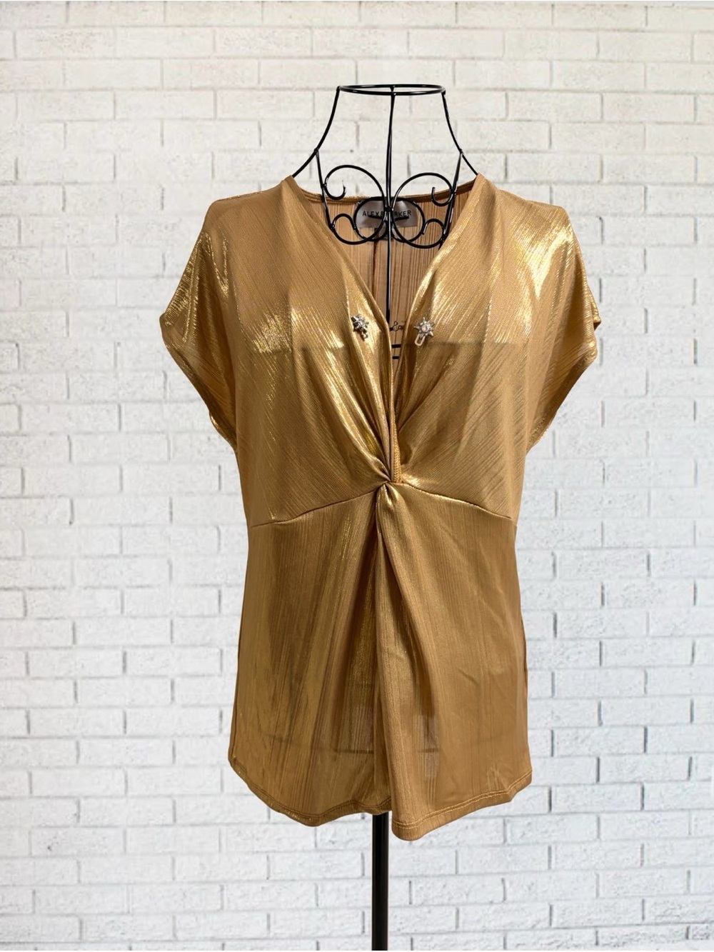 Disco Metallic Gold Women Medium Shirt Party 80s Star Pin Short Sleeve Boho Chic